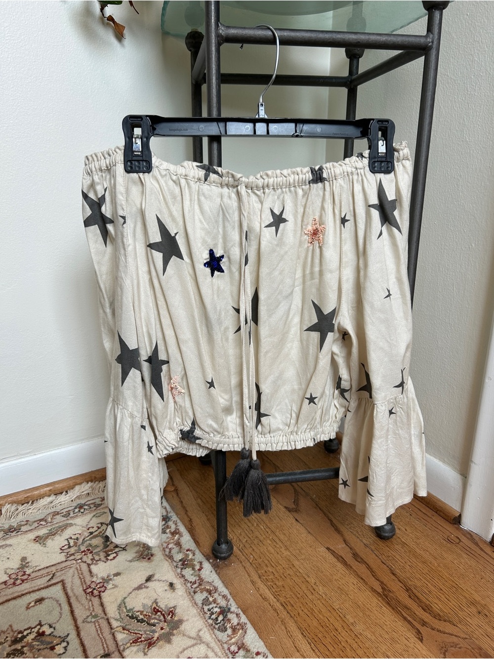 Surf Gypsy Cream Off-Shoulder Star Peasant Top with Black Stars